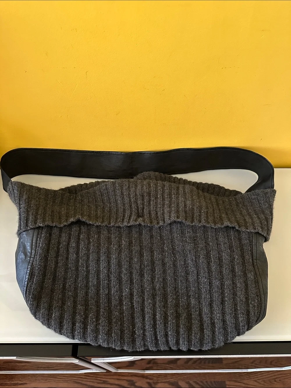 Darzzi Leather and Gray Lambswool Ribbed Knit Hobo Bag Slouchy Oversized Sling